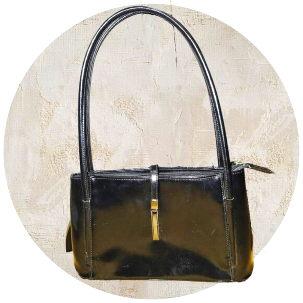 Glossardi Black Polish Finish Shoulder Bag Silver hardware